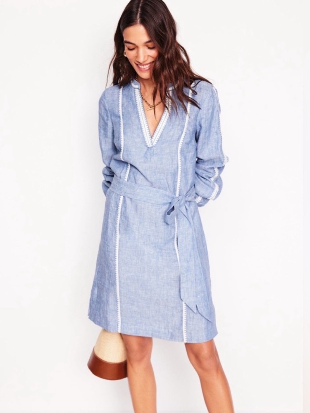 Boden Cleo Linen Tie Waist Dress Chambray Dress Embroidery US 4R NWT